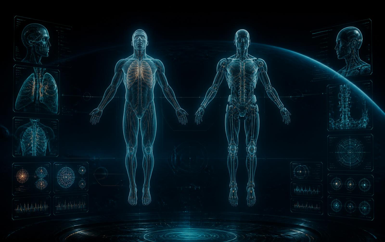 Diagnostic wireframe of an emergent life form under standardized readiness assessment